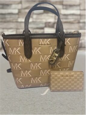 Michael Kors Eliza Small Embossed Tote & Matching Wallet Camel Brown Tan Logo